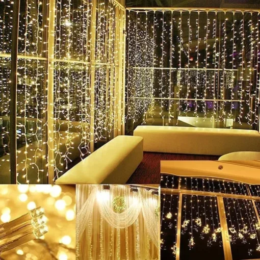 2pcs 3*3 m 300 LEDs 31V low Voltage Curtain String Lights Warm White White 8-Mode New Design Wedding Christmas Wedding Decoration No Electric Shock Safer Garden Courtyard Decoration Lamp