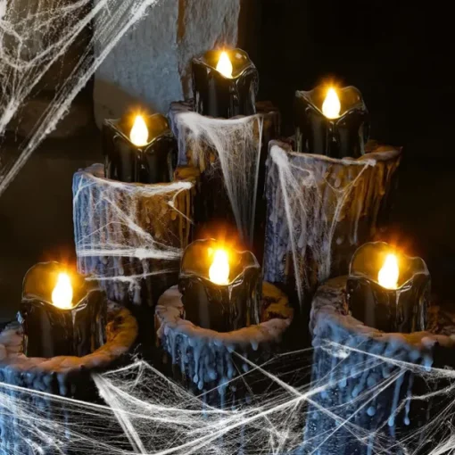 12pcs Black LED Tea Lights Halloween Night Lights Candle Lights Outdoor Indoor Garden Halloween Decor Halloween Electric Candles Battery Powered Halloween Lanterns Holiday Party Decorations