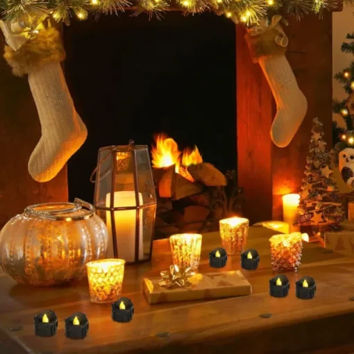 12pcs Black LED Tea Lights Halloween Night Lights Candle Lights Outdoor Indoor Garden Halloween Decor Halloween Electric Candles Battery Powered Halloween Lanterns Holiday Party Decorations