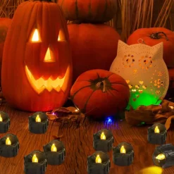12pcs Black LED Tea Lights Halloween Night Lights Candle Lights Outdoor Indoor Garden Halloween Decor Halloween Electric Candles Battery Powered Halloween Lanterns Holiday Party Decorations