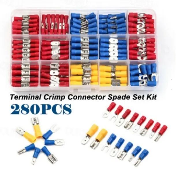 280pcs Box Assorted Spade Terminals Insulated Cable Connector Electrical Wire Crimp Butt Ring Fork Set Lugs Rolled Kit