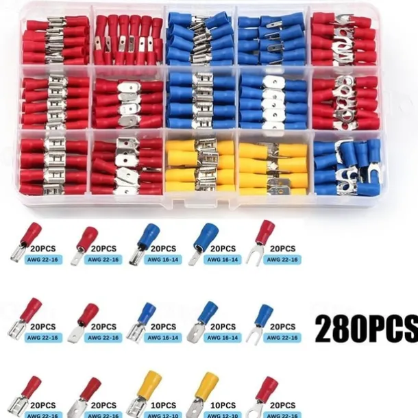 280pcs Box Assorted Spade Terminals Insulated Cable Connector Electrical Wire Crimp Butt Ring Fork Set Lugs Rolled Kit