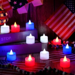 24pcs Flameless Tea Light Independence Day Electronic Candle Light Red White Blue Light July 4th Flashing LED Votive Light Patriotic Fourth of July Independence Labor Memorial Day Home Decoration