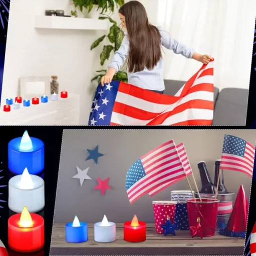 24pcs Flameless Tea Light Independence Day Electronic Candle Light Red White Blue Light July 4th Flashing LED Votive Light Patriotic Fourth of July Independence Labor Memorial Day Home Decoration