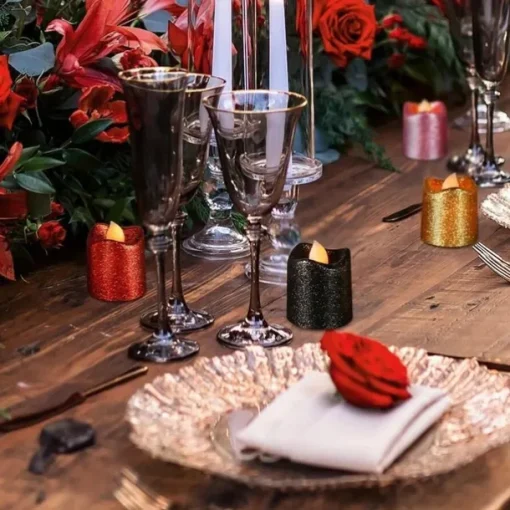 12pcs Flickering Flameless Candles Light Shiny Glitter Votive Candles LED Tea Lights Decoration for Christmas/Halloween Holidays Wedding Outdoor Table Party Festival
