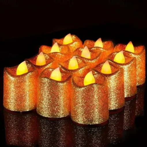 12pcs Flickering Flameless Candles Light Shiny Glitter Votive Candles LED Tea Lights Decoration for Christmas/Halloween Holidays Wedding Outdoor Table Party Festival