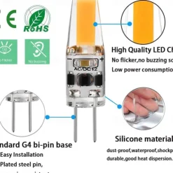 10pcs G4 LED Bi-pin Bulbs 2W Equivalent to 20W T3 JC Type Bi-Pin G4 Base Halogen Bulb AC/DC 12V Daylight White 6000K G4 Bulb for Under Cabinet Light Ceiling Light RV Boats Outdoor Landscape Lighting