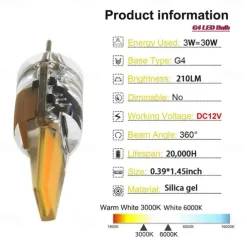 10PCS G4 LED Bulb 3W Equivalent to G4 Halogen Bulb 30W Mini G4 LED Light Bulb Warm whit 3000K Daylight White 6000K G4 Base DC 12V