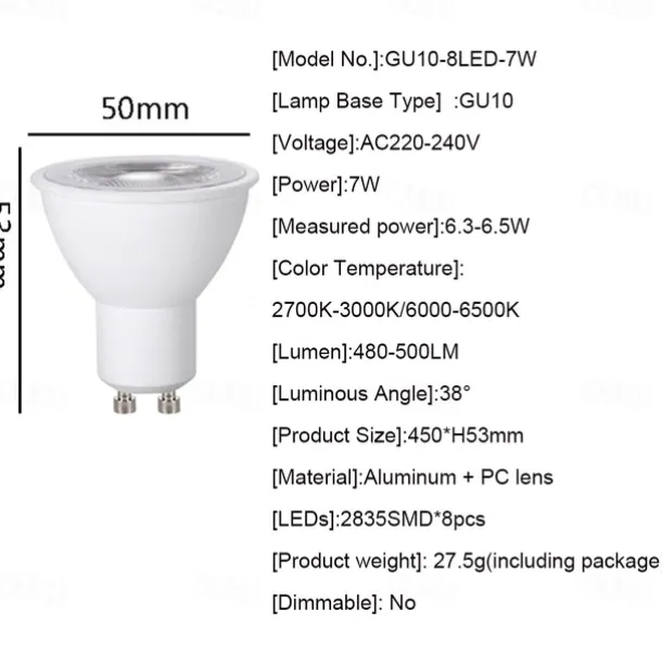 4PCS GU10 LED Bulb 7W 8Leds Dimmable 3000K Warm White for Kitchen Range Living Room Bedroom