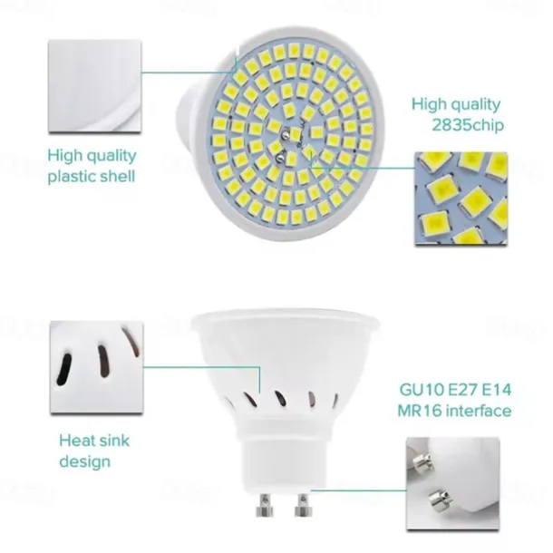 10pcs GU10 LED Spotlight Bulbs - AC 220V, 2835 SMD LED Lamp, 48/60/80 LEDs, Energy-Saving Indoor Lighting for Home and Office