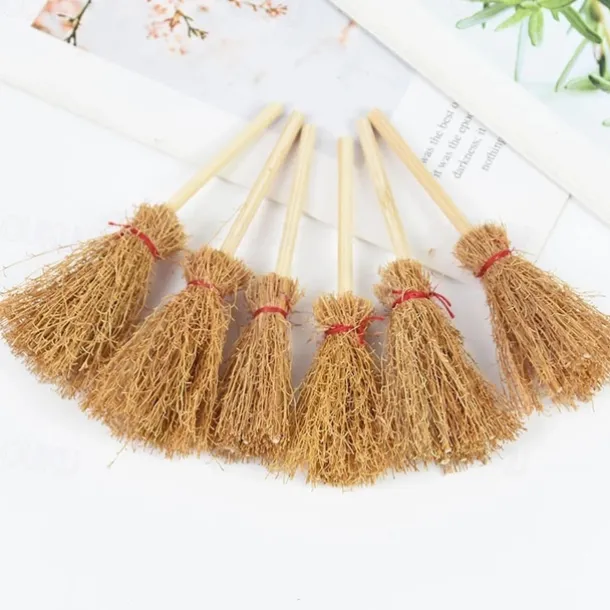 10/20pcs Halloween Mini Broom Red Rope Straw Brooms Hanging Decorations for Halloween Party Costume Witch Broom Dollhouse Accessories
