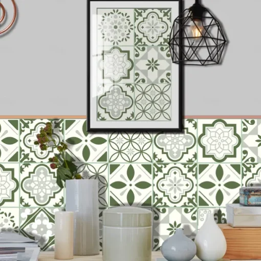 10PCS Kitchen Thickened Green Tile Stickers Self-adhesive Paper Green Tile Tile Sticker Bathroom Oil-proof Waterproof Removable Wall Sticker Floor Sticker
