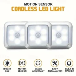 3pcs LED Motion Sensor Night Light Set, 6LED Closet Cabinet Sensor Light Automatic Infrared Activated Battery Powered for Novelty Place Closet, Cabinet, Stair, Bedroom, Corridor, Toilet, Wardrobe
