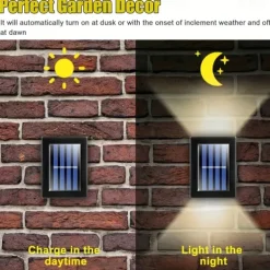 4PCS LED Solar Outdoor Wall Lights Waterproof Up and Down Lighting 2LED Outdoor Waterproof Fence Light Suitable for Yard Garage Porch Garden Decoration