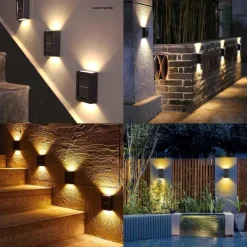 4PCS LED Solar Outdoor Wall Lights Waterproof Up and Down Lighting 2LED Outdoor Waterproof Fence Light Suitable for Yard Garage Porch Garden Decoration