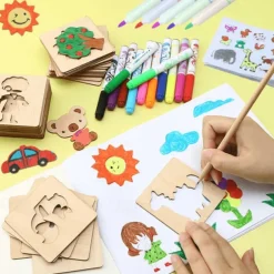 20pcs Montessori Kids Drawing Toys Wooden DIY Painting Template Stencils Learning Educational Toys For Children Gift, Back to School Supplies