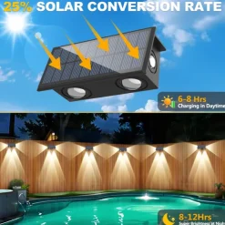 2pcs Outdoor Solar Waterproof Wall Lamp - 4 LED Beams for Courtyard, Balcony, Fence, Steps, Eaves and Porch Lighting