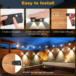 2pcs Outdoor Solar Waterproof Wall Lamp - 4 LED Beams for Courtyard, Balcony, Fence, Steps, Eaves and Porch Lighting