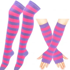 2PCS Over Knee Striped Socks and Long Arm Warm Gloves Set Christmas Socks Women's Y2K Retro Xmas Accessories