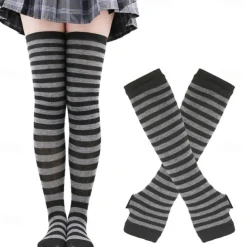 2PCS Over Knee Striped Socks and Long Arm Warm Gloves Set Christmas Socks Women's Y2K Retro Xmas Accessories