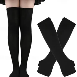 2PCS Over Knee Striped Socks and Long Arm Warm Gloves Set Christmas Socks Women's Y2K Retro Xmas Accessories