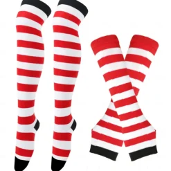 2PCS Over Knee Striped Socks and Long Arm Warm Gloves Set Christmas Socks Women's Y2K Retro Xmas Accessories