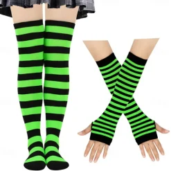 2PCS Over Knee Striped Socks and Long Arm Warm Gloves Set Christmas Socks Women's Y2K Retro Xmas Accessories