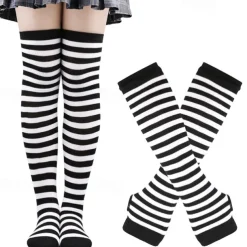 2PCS Over Knee Striped Socks and Long Arm Warm Gloves Set Christmas Socks Women's Y2K Retro Xmas Accessories
