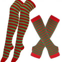 2PCS Over Knee Striped Socks and Long Arm Warm Gloves Set Christmas Socks Women's Y2K Retro Xmas Accessories