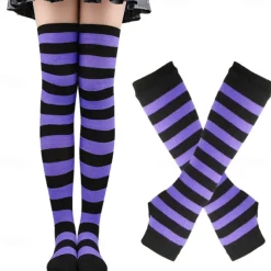 2PCS Over Knee Striped Socks and Long Arm Warm Gloves Set Christmas Socks Women's Y2K Retro Xmas Accessories