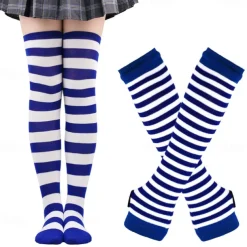 2PCS Over Knee Striped Socks and Long Arm Warm Gloves Set Christmas Socks Women's Y2K Retro Xmas Accessories