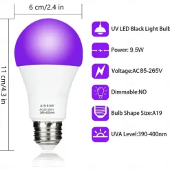 2PCS 1PC LED Black UV Halloween Purple Light Bulb 9.5W Black Bulb Replacement Up to 100W Black light UVA Level 385-400nm A19 Spooky Halloween Atmosphere