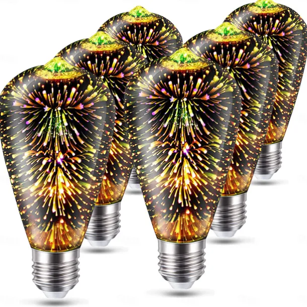 6pcs 3pcs 1pc 3D Firework Light Bulb ST64 LED Bulb 5W E27 E26 RGB Fairy Star Shine Decor Bulb Party Bulb Stained Glass Bulb AC220V AC120V