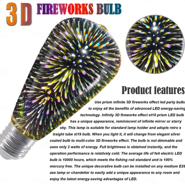 6pcs 3pcs 1pc 3D Firework Light Bulb ST64 LED Bulb 5W E27 E26 RGB Fairy Star Shine Decor Bulb Party Bulb Stained Glass Bulb AC220V AC120V