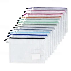 12pcs PVC Stationery Storage Bag Folder File Mesh Zipper Pouch A4 A5 Document Bag File Folders School Office Supplies（Random Color）