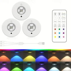 3pcs Rechargeable LED Under Cabinet Light with Remote, Spotlight RGB Color Changing Warm & Neutral White Options Adjustable Brightness Magnetic Mount For Easy Installation for Halloween