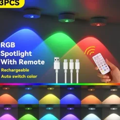 3pcs Rechargeable LED Under Cabinet Light with Remote, Spotlight RGB Color Changing Warm & Neutral White Options Adjustable Brightness Magnetic Mount For Easy Installation for Halloween