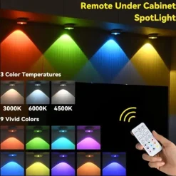 3pcs Rechargeable LED Under Cabinet Light with Remote, Spotlight RGB Color Changing Warm & Neutral White Options Adjustable Brightness Magnetic Mount For Easy Installation for Halloween