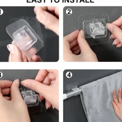 4Pcs Self Adhesive Curtain Rod Bracket Punch-free Curtain Rod Clips Nail-Free Hook Adjustable Shower Curtain Rod Hanging Holder