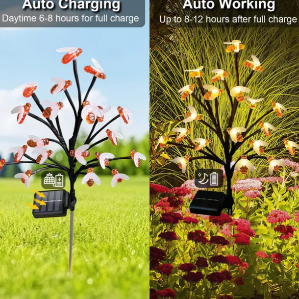 2pcs Solar Bee Lawn Lights - 40LEDs Waterproof Outdoor Cherry Blossom Pathway Garden Lights for Holiday, Wedding and Walkway Decoration
