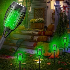 4pcs Solar Flame Lights Waterproof Multicolor Lawn Light Outdoor Garden Patio Trail Walkway Halloween Christmas Party Holiday Landscape Decoration