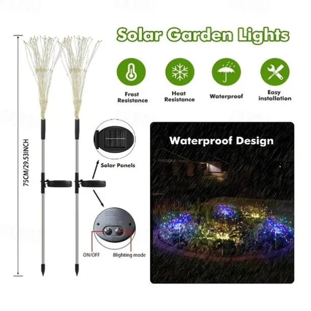 2Pcs Solar Garden 8 Lighting Mode Starburst Lights, Waterproof Solar Powered Firework Stake Lights for Outdoor Decor,120 LED Sparklers String Lights for Yard Pathway Party Valentines Day Decor