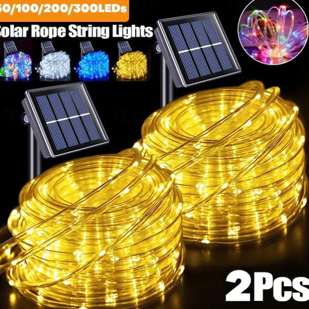 2Pcs Solar Rope Lights Outdoor Waterproof 8Modes LED String Fairy Lights for Christmas, Tent, Gazebo, Trampoline, Walkway, Pool