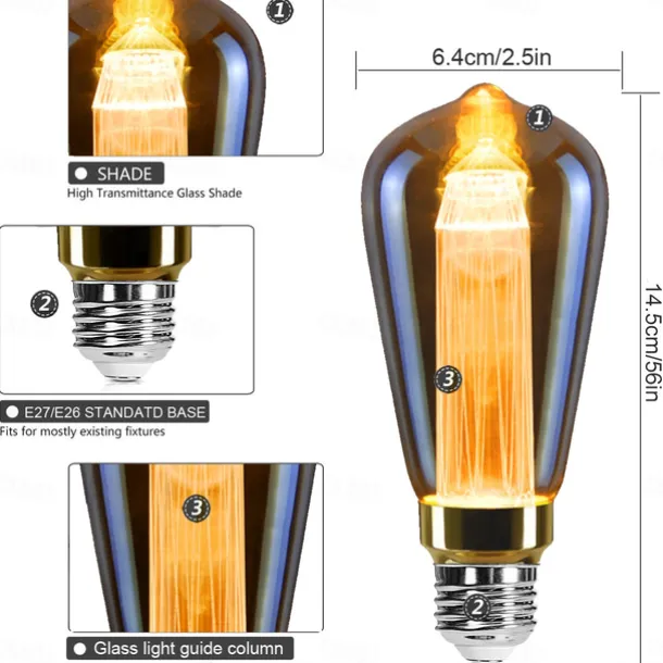 3PCS ST64 Vintage Edison LED Light guide Light Bulbs 3W 220V 110V E26/E27 Base Warm White 2200K Replacement Bulbs for Wall Sconces Lights Pendant Light Amber Warm & Squirrel Cage