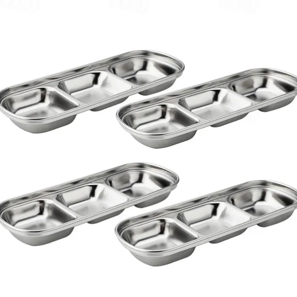 2/4pcs Stainless Steel Soy Sauce Dish Dipping Bowls 3 Grids Divided Sauce Dishes Side Dishes for Soy Sauce Ketchup Seasoning Sushi (3 Grid)