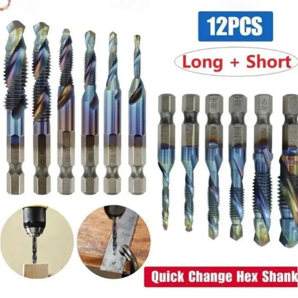 12pcs Tap Drill Bit Cone Drill HSS Metric Blue Replacement Screw Thread