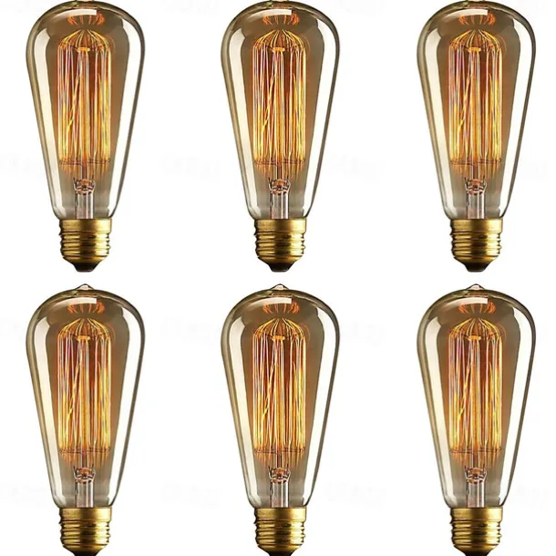 6pcs 40W Edison Vintage Incandescent Light Bulb Dimmable E26 E27 ST64 Candelabra Filament Amber Warm White for Lighting Fixture 220V 110V