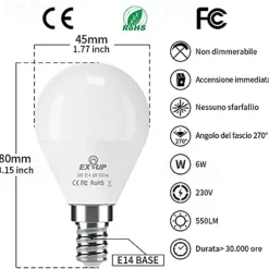 6pcs 6W LED Light Globe Bulbs Ceiling Fan Light Bulbs 550lm E14 G45 20LED SMD 2835 60W Halogen Equivalent Warm Cold White 220-240V