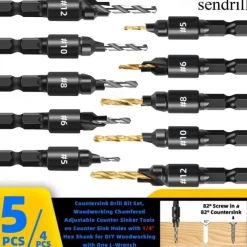 5pcs Woodworking Countersink Drill Bit Set, With 1/4" Hex Shank For DIY Woodworking With One L-Wrench #5 #6 #8 #10 #12