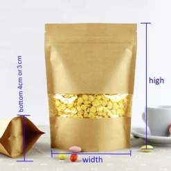 100pcs/lot Kraft Paper Bag Self Sealing Stand Up Bags With Transparent Window For Dried Food/Snack/Fruit/Tea/Gift Packaging
